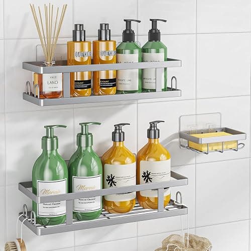 Youvip Adhesive Shower Caddy,Shower Shelves with Soap Holder and 12 Hooks,Rustproof No Drilling Bathroom Organizer and Storage,Silver,3 Pack - Image 1