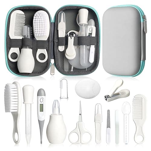 Baby Grooming Kit, Infant Safety Care Set with Hair Brush Comb Nail Clipper Nasal Aspirator,Baby Essentials Kit for Newborn Girls Boys (Grey White) - Image 1