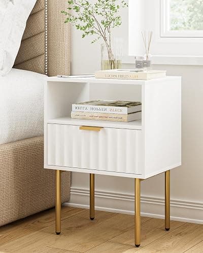 AEPOALUA Nightstand,Morden Bedside Table with Gold Frame,Small White Night Stand,End Table,Bedside Furniture,Side Table with Drawer and Shelf for Bedroom,Living Room (1Drawer-Wave, White) - Image 1