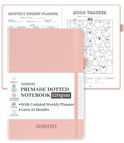 SIMSIMY Premade Bullet Dotted Journal Notebook, Pre-made Dot Grid Journaling with Undated Weekly & Monthly Planner, Various Trackers - 12 Month Organization, A5 Hardcover Leather Planner Notebook with - Image 1
