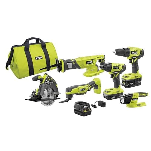 RYOBI P1819 18V One+ Lithium Ion Combo Kit (6 Tools: Drill/Driver, Impact Driver, Reciprocating Saw, Circular Saw, Multi-Tool, LED Worklight, 4.0 Ah & 1.5 Ah Battery, Charger, Bag) - Image 1