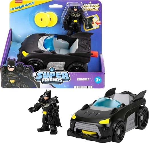 Fisher-Price Imaginext DC Super Friends Metal Force Batmobile Toy Car, 3-inch Batman Action Figure & Accessories Set, Includes Launcher & 2 Discs - Image 1