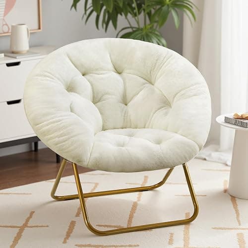 Sweetcrispy Saucer Chairs, Comfy Folding Cozy Faux Fur Living Room Reading Lounge Chair with Soft Thick Padded Seat & Metal Frame Modern Style Bedroom Home Dorm for Kids Adults, X-Large - Cream - Image 1