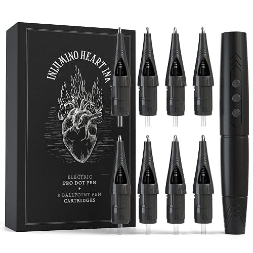 Tattoo Practice Pen by Inlumino Heart Ink – Wireless Rotary Dot Pen Machine with 8 Black Ballpoint Cartridges – Electric Tattoo Training Tool with 2 Batteries & Magnetic Carry Case - Image 1