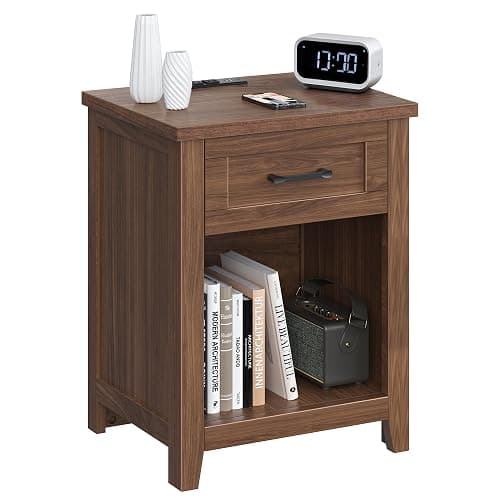 Decofy Farmhouse Nightstand with Charging Station, Walnut | AC Outlets, USB And Type C Ports, Drawer Storage, Open Shelf, Modern End Table For Bedrooms and Living Rooms - Image 1