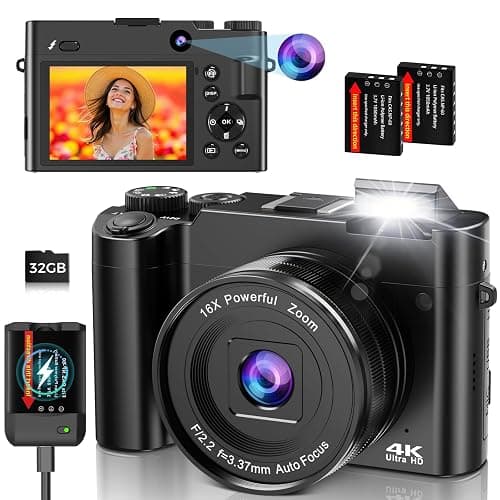 4K Digital Camera for Photography and Vlogging, 64MP Compact Autofocus Video Camera with Dual Lens, Anti-Shake, 16X Zoom, Flash, 32GB SD Card & 2 Batteries, for Teens & Beginners (Black) - Image 1