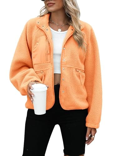 Yanekop Womens Fleece Jacket Fuzzy Long Sleeve Short Winter Coats Button Down Sherpa Jacket Outerwear with Pockets - Image 1