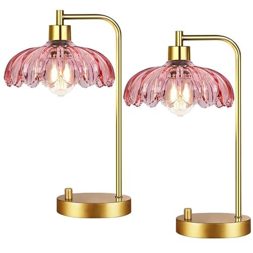 ILLMTW Pink Table Lamp Set of 2,Small Gold Bedside Lamps Dimmable Boho Bedroom Lamp with Tulip Flower Glass Lamp Shade,Vintage Mid Century Modern Mini Nightstand Lamp for Bedroom Living Room - Image 1