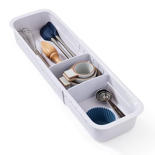 YouCopia DrawerFit Expandable Kitchen Drawer Organizer: Sliding Storage Tray for Utensils & Accessories in Deep Drawers, Expandable 15–24" wide, White Speckled BPA-free - Image 1