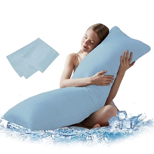 DOWNCOOL Large Body Pillow Insert with Cooling Cover - Soft Long Bed Pillow for Summer - Breathable Full Body Pillow for Adults - 20x54 inch (Blue, with Cover) - Image 1