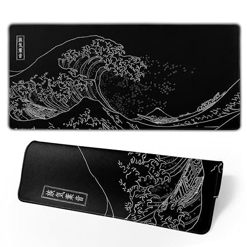 Japanese Gaming Mouse Pad Black Mouse Pad Kanagawa Large Mousepad Non-Slip Rubber Base Waterproof with Stitched Edges for Gaming Office Home, 31.5x11.8 Inch (Black Wave) - Image 1