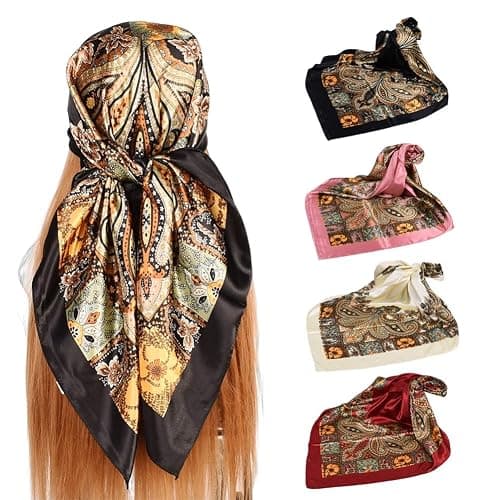 upeilxd 4Pcs Silk Head Scarves for Women Satin Hair Scarf 35”Large Square Bandana Silk Like Neck Scarf Shawl - Image 1