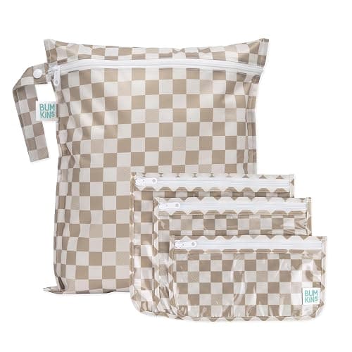 Bumkins Waterproof Wet Bag and Packing Pouches, TSA Airline Compliant, Pack for Baby, Travel, Swim Suit, Cloth Diapers, Pump Parts, Pool, Gym Clothes, Toiletry, Daycare, Zip Bag, 4-pc Set Beige Check - A3 Beige Check - Image 1