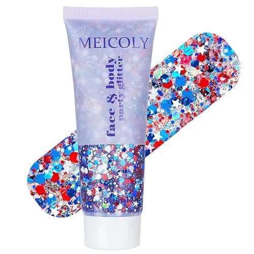 MEICOLY Red White and Blue Face Glitter,4th of July Patriotic Accessories,Star Hair Glitter for Kids,4th of July Outfits for Women,Self-Adhesive Body Glitter for President's Day Veterans Day - Image 1