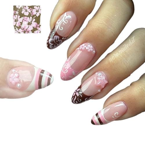 octoswave Long Almond Press on Nails Pink Fake Nail for Women Girls 24Pcs | 3D Floral Star Design Artificial Nail for Party Vacations - Image 1