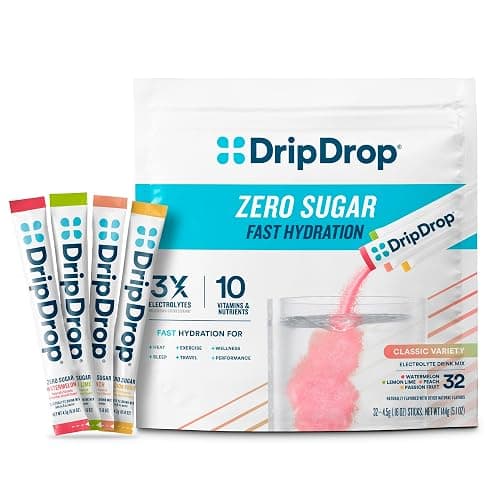 DripDrop Sugar Free Hydration Packets - Zero Classic Variety Pack - Single Serve Electrolytes Powder Drink Mix - Lemon Lime, Watermelon, Peach, Passion Fruit - Non-GMO, Gluten Free, Vegan - 32 Sticks - Image 1