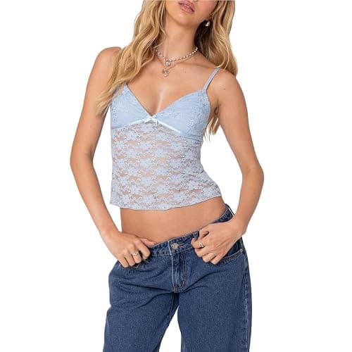 Women Y2k Lace Trim Tank Crop Tops Going Out Spaghetti Strap Lace Camisole Slim Fit Basic Cami Shirts Streetwear - Image 1