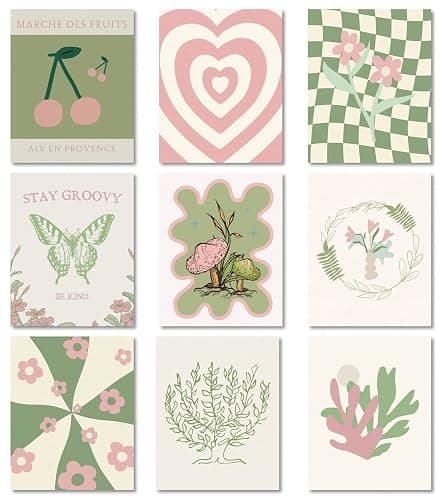 MINI ZOZI Danish Pastel Posters 8x10 9pcs Aesthetic Room Decor Green And Pink Wall Art Prints Collage Cute Coquette Trendy Preppy Coconut Girl Y2k Kawaii Indie Retro Pictures Butterfly Heart Cherry - Image 1