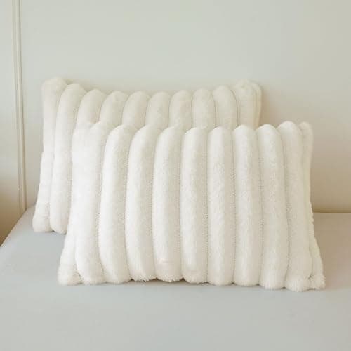 MEGO Pack of 2 Fluffy Faux Rabbit Fur Pillowcases, Ivory Striped Plush Fuzzy Bed Pillow Cases with Zipper, Farmhouse Shaggy Furry Ribbed Long Pillow Covers for Kids Teens Adults 20x26, Standard, Beige - Image 1