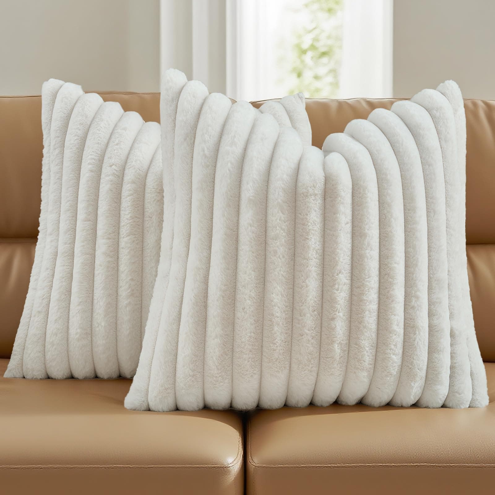 FUTEI Cream White Striped Decorative Throw Pillow Covers 18x18 Inch Set of 2,Square Spring Decorations Couch Pillow Case,Soft Cozy Faux Rabbit Fur & Velvet Back,Modern Home Decor for Bed - Image 1
