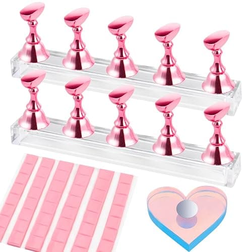 Nail Stand for Press Ons, Magnetic Fake Nail Holder for Painting Nails,Nail Stands for Nail Art with Reusable Putty Home Salon DIY Display Supplies (A-Pink) - Image 1