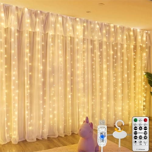 SINAMER Fairy Curtain Light, 600LED 19.6x9.8ft, Remote & 8 Modes, USB | Window Hanging String Light, Silver Copper Wire, For Bedroom, Wedding, Party, Backdrop, Window, Xmas Decor, Warm White - Image 1