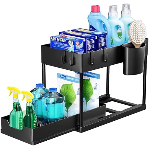 Puricon Lot de 1 Rangement sous Évier à 2 Étages, Organisateur Cuisine avec Tiroirs Amovibles, Rangement Coulissant sous Évier, Organisateur Placard, Étagère, Panier Coulissant pour Cuisine -Noir - Image 1