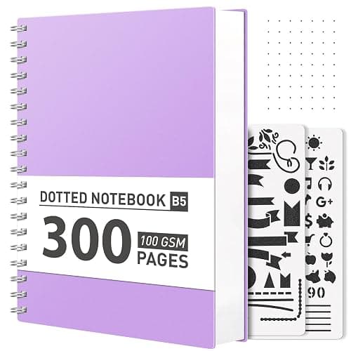 AHGXG Bullet Dotted Journal Spiral Notebook - 300 Pages Dot Grid Notebook B5 Thick Journal, 100GSM Thick Dotted Paper, Plastic Hardcover, with Journal Stencils, 7.3"X 10" - Purple - Image 1