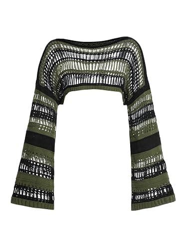 SHENHE Women's Crochet Shrug Striped Hollow Out Beach Cover Sweater Shirts | Striped Out Crochet Sweater,Shrug Hollow Ups,Color Block,Boat Neck,Bell Sleeve - Image 1