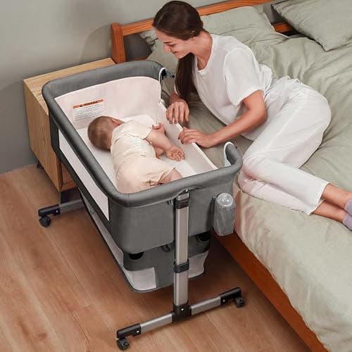 Baby Crib,3 in 1 Bedside Crib Adjustable Portable Bed for Infant,Baby Bassinet Baby Newborn Must Have Bed,Grey - Bedside Crib-grey - Image 1