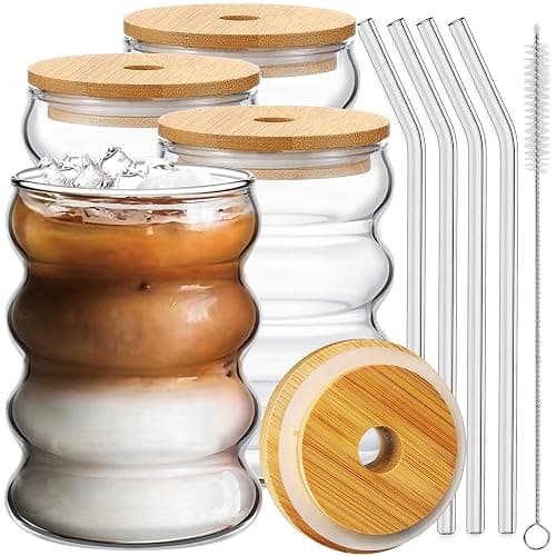 Ework4U 4 Pcs Drinking Glasses with Bamboo Lids and Glass Straw 14oz Glassware Set,Cocktail Glasses,Iced Coffee Glasses,Beer Glasses,Ideal for Water,Soda,Tea,Gift - with Cleaning Brushe - Image 1