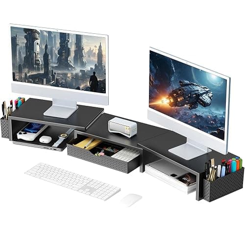 gianotter Dual Monitor Stand Riser, Desk Organizer With Drawer and 2 Pen Holders, Computer Monitor Stand, Shelf for Top of Desk, Black - Image 1