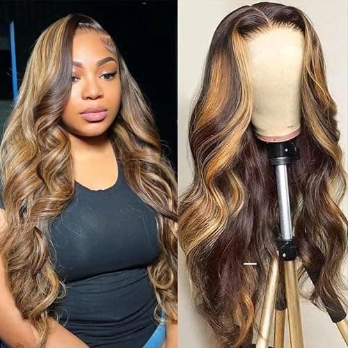 A FUTURE TONGMEI 4/27 Highlight HD Lace Front Wigs Human Hair Pre Plucked 13x4 Body Wave Frontal Wig with Baby Hair 180% Density Ombre Brown and Honey Blonde Human Hair Wigs for Black Women 22 Inch - Image 1