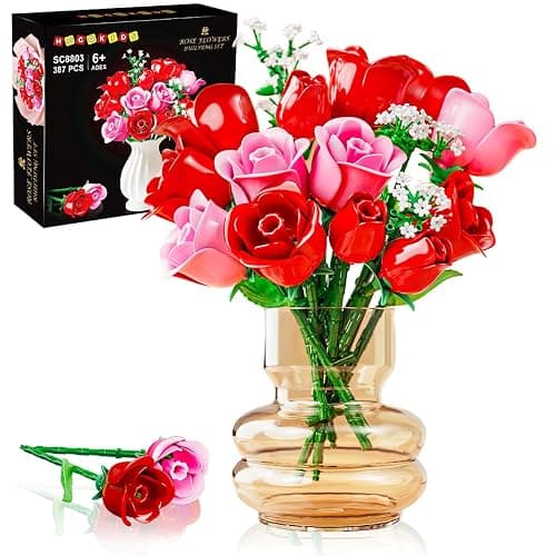 HOGOKIDS Flowers Bouquet Building Set with Lights - 16 Roses Bouquet Botanical Building Blocks Artificial Pink Roses Flower for Home Decor Christmas Birthday Gifts for Girls Adults - 387PCS (Pink) - Image 1