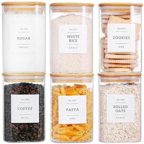 CZZGSM 6 Pack Square Kitchen Storage Jars with Airtight Bamboo Lids and 132 Pantry Labels - 35oz Glass Canisters With Wood Lids - Food Storage Containers for Coffee, Cookie, Tea, Spice - Image 1