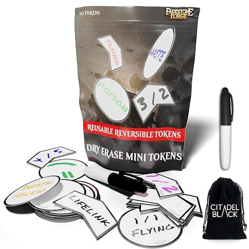 Fadestone Forge MTG Mini Dry Erase Token Set – 50 Reusable Tokens - Includes Marker and 2pcs Erasers, Reversible Reusable Double-Sided Universal Tokens Made for Magic: The Gathering - Image 1