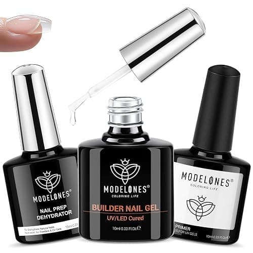 modelones Nail Dehydrator and Primer & Builder Nail Gel, 3Pcs Prep Dehydrate & Bond Primer Clear Gel Builder Polish Base Coat for Strengthener Apex Building, LED Lamp Cured 10ml Home DIY Salon - Image 1