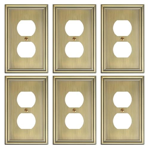 6-Pack Single Duplex Outlet Cover Plate, Decorative Antique Brass Switch Plates and Outlet Covers, Metal Wall Plates for Electrical Outlets, 1 Gang Receptacle Cover, Corrosion Resistant - Image 1