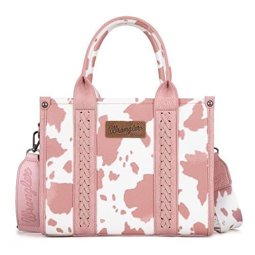 Wrangler Cow Print Tote Bag for Women Western Purse Boho Top Handle Satchel Handbag with Signature Strap - Allover Cow Print Light Pink - Image 1