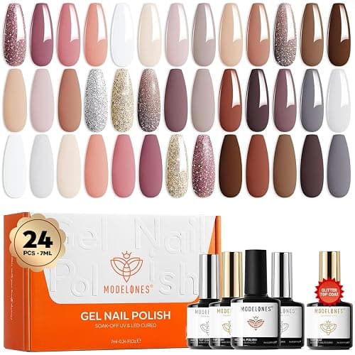 Modelones 24 Pcs Gel Nail Polish Kit, 20 Colors Nude Pink Milky White Gel Polish Neutral Brown Christmas Winter Nail Gel Polish Set Soak Off Manicure Gifts - Image 1