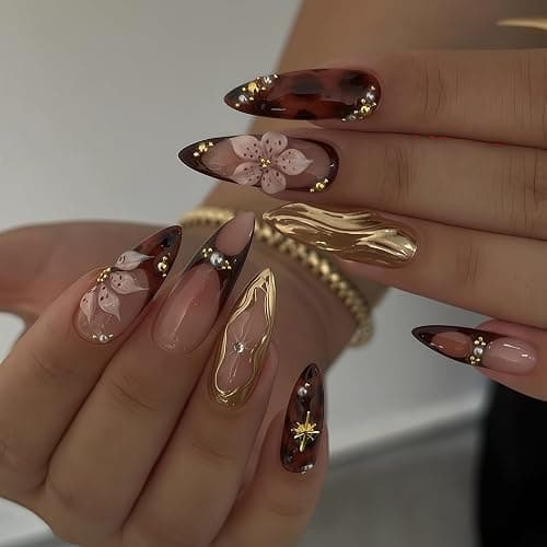 24Pcs Almond Press on Nails Medium Fake Nails with Brown Flower Designs French Nails 3D Gold Texture False Nails Star Press ons Pearl Jewelry Acrylic Nail Cute Stick on Nail for Women Manicure - Image 1