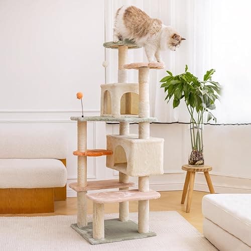 HYABi 59 Inch Flower Cat Tree Tower - Multi-Level Cat Condo with Plush Scratching Posts, Toy Balls, and Pet House, Indoor Play Platform for Large Adult Cats, Stylish Color Design - Image 1