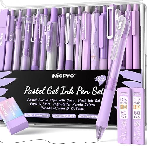 Nicpro 22PCS Pastel Gel Ink Pen Set, Cute Retractable Aesthetic Pen and Pencil, 13 Black Ink Pens with 2 Highlighter, 2 Mechanical Pencil 0.5 0.7mm, Smooth Writing Pens for School, Office(Purple) - Image 1