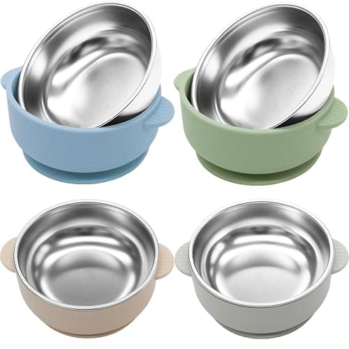 JVEOO 4 Pack Stainless Steel Baby Bowls with Suction, 2-in-1 SUS304 Toddlers Bowl & Removable Silicone Suction Kids Bowl Anti Scald Non Toxic Snack Container for Baby Food Feeding - Image 1