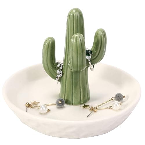 HOME SMILE Ceramic Cactus Ring Holder with Derorative White Dish for Jewelry,Christmas Birthday Gifts for Women - Image 1