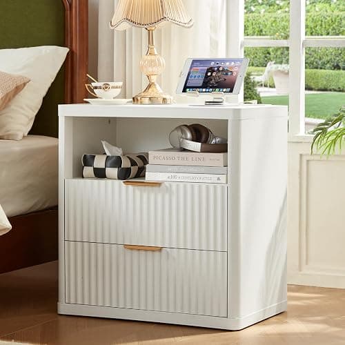 LEYAOYAO Fluted Nightstand with Charging Station, 23" Wide 2 Drawers End Table,White Night Stand with Open Storage Cabinet, Farmhouse Bed Side Tables, Wood Dresser for Bedroom, Living Room, Closet - Image 1