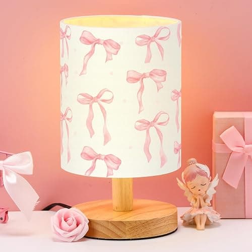 VIHOSE Bow Kids Table Lamp for Bedroom Kids Bedside Lamp with Linen Wooden Nightstand Cartoon Nursery Lampshade for Girls Boys Living Room - Image 1