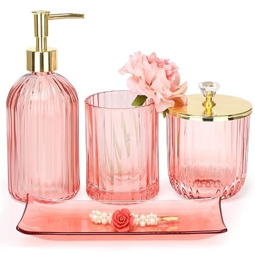 Haturi Bathroom Accessories Set, 4 Pcs Pink Glass Bathroom Accessories Sets Complete w/Lotion Soap Dispenser, Toothbrush Holder, Apothecary Jar, Vanity Tray, Bathroom Decor, Gift for Home Apartment | Kit w/ Bathroom Soap Dispenser Set, Toothbrush Holder, Qtip Holder, Vanity Tray, Pink Bathroom Decor, Gift for Home Apartment - Image 1