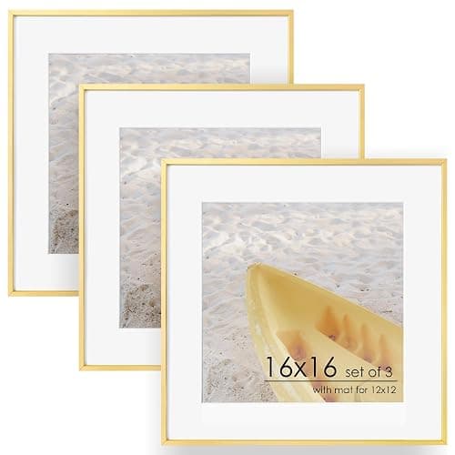 FLYJOE 16x16 Metal Square Picture Frame For Wall With Mat For 12x12, 16''x16'' Aluminum Photo Frames With Tempered Glass For Home Decor, Minimalist Modern Poster Frame Horizontally Vertically, Gold - Gold - 16''x16''-3P Real Glass - Image 1