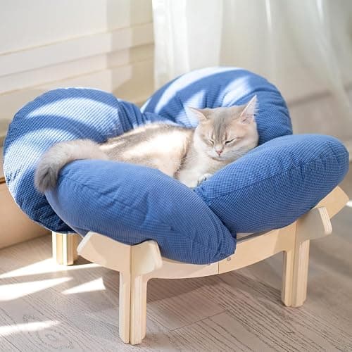 CHEERHOME PETS Elevated Cat Bed Wooden with Cushion Fluffy Pet Couch Sofa for Indoor Cats Raised Kitty Lounge Chair Suitable for Puppy, Cat Furniture(Deep Blue) - Image 1
